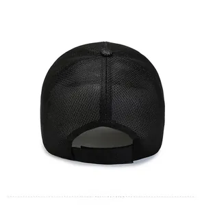 Close-up of black mesh baseball cap back view showing breathable fabric and adjustable strap