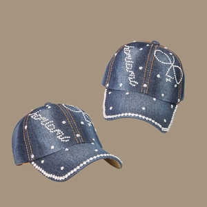 Denim baseball cap for women with sparkling crystal PARIS letters and bow decoration