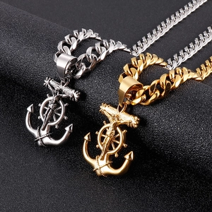 Colliers en acier titane avec pendentifs croix ancre or et argent sur chaînes cubaines
