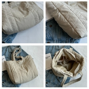 Detailed views of beige quilted tote bag showing nylon fabric texture and interior zipper