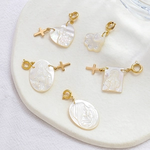 Natural Mother Of Artificial Pearl Pendant Charms Religious Virgin Mary Embossed Gold Plated Cross Heart Cat Paw DIY Jewelry Findings