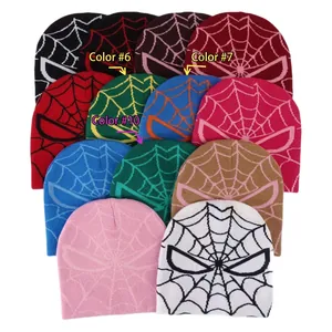 Y2K Spider-Man style knit beanies in multiple colors with jacquard web pattern