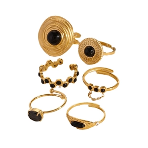 Set of 6 bohemian gold stainless steel rings with vintage black agate inlays and engravings