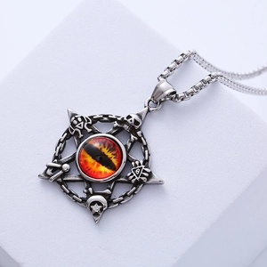 Gothic punk pentagram skull necklace with vibrant orange eye pendant on silver chain