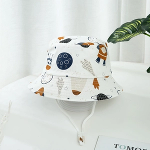 White cotton kids sun hat with cartoon astronaut prints and adjustable chin strap