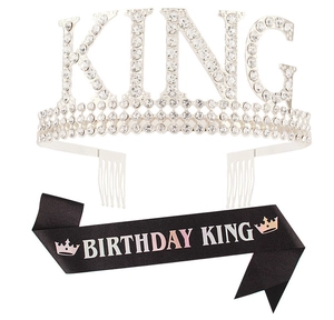 Ensemble couronne argentée King et écharpe noire Birthday King pour fête d'hommes