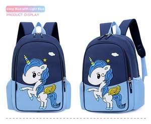 Front and side views of a blue cartoon unicorn backpack for preschool children
