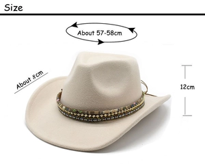 Détails du chapeau cowboy en feutre beige avec dimensions 57-58cm et ruban ethnique