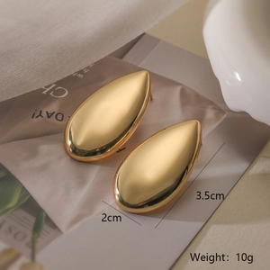 Detailed view of polished gold waterdrop earrings on a high-end minimalist setting