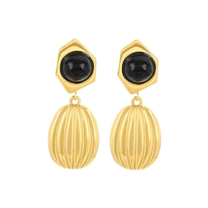 French style gold stainless steel earrings with black gemstone and ribbed oval charms