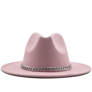 Pink wide brim fedora hat in felt material with silver metal chain decor and flat brim