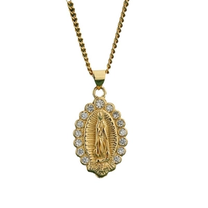Gold Virgin Mary oval pendant necklace with sparkling white cubic zirconia stones