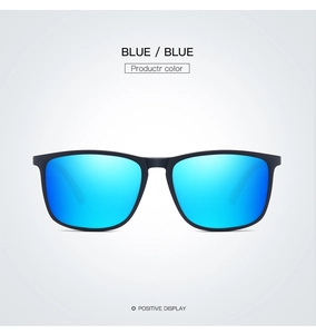 Front view of polarized sunglasses featuring blue mirrored lenses and matte black frame