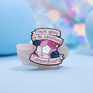 Pink enamel gem and blue rose metal brooch with Extraordinary text on soft blue background