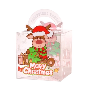 Transparent Christmas PET apple gift box with cartoon reindeer print and handle