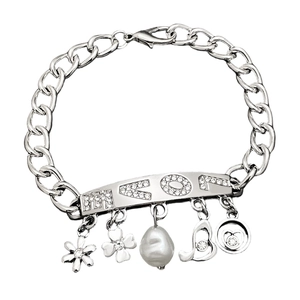 Detailed macro view of silver charm bracelet with LOVE engraving and crystal pendants