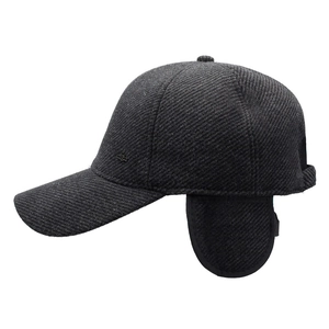 Men's winter warm baseball cap with foldable earflaps in grey wool textured fabric