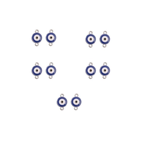 Detailed view of ten blue evil eye connector charms with silver metal loops for DIY jewelry