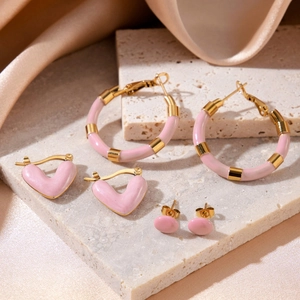 Gold Pink Enamel Heart Hoop And Stud Earrings With Stainless Steel Earring Post Sweet Geometric Jewelry For Women