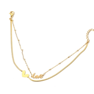 Bracelet de cheville double couche en acier titane doré avec pendentif cœur et LOVE