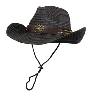 Black western cowboy straw hat with vintage metal flower buckle and windproof cord