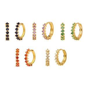 Set of five gold hoop earrings with multi-colored cubic zirconia stones in array view