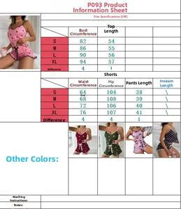 Detailed size chart for women milk silk pajama set showing S to XL measurements in CM