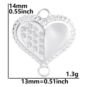 Detail showing dimensions of heart-shaped stainless steel pendant with textured finish