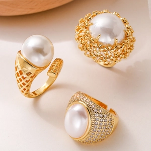 Vintage Open Rings For Women Copper 18K Gold Plated Zircon Large Artificial Pearl Geometric Adjustable High End Fashion Jewelry