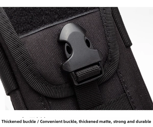 Macro shot of tactical waist bag featuring thick frosted buckle and heavy-duty nylon strap
