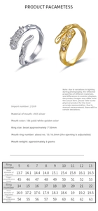 Size guide for S925 silver irregular rings with dimensions and adjustable size details