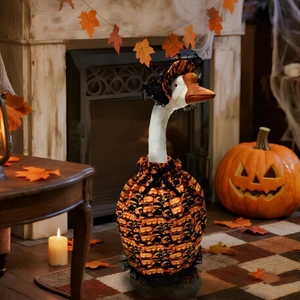 Close-up of a 23-inch porch goose model in a pumpkin-patterned Halloween costume