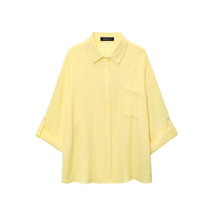 Women's light yellow cotton linen shirt with roll-up sleeves and textured fabric