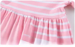 Détail de l'ourlet de robe tricotée à rayures roses et blanches avec plis cousus