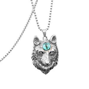 Pendentif tête de loup punk rétro avec œil d'opale bleu-vert sur chaîne à billes