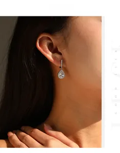 Close-up of sparkling S925 silver pear-shaped drop earrings with micro-pave cubic zirconia
