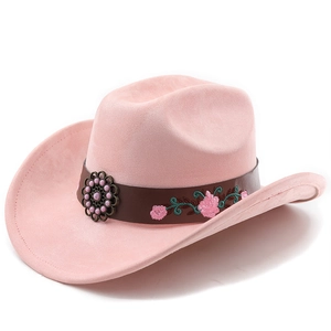 Pink faux suede western cowboy hat featuring vintage floral embroidery on a leather band