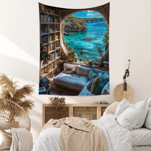 Detail view of Bohemian wall tapestry showing a coastal window view and wooden bookshelf
