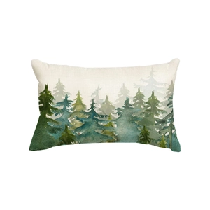 Minimalist linen Christmas lumbar pillow cover with watercolor green forest pattern print