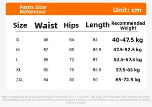 Size chart for high-waisted yoga pants with waist, hip, and length measurements in centimeters