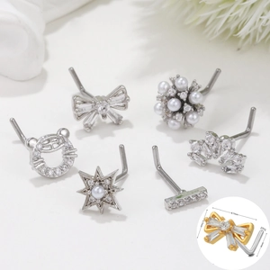Surgical steel nose stud set featuring bowknot and flower designs with zircon crystals