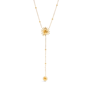 Dettaglio macro della collana a Y in acciaio inossidabile 18K oro con ciondoli a sole
