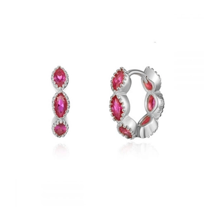 Close-up of S925 silver hoop earrings featuring marquise-cut pink zirconia stones
