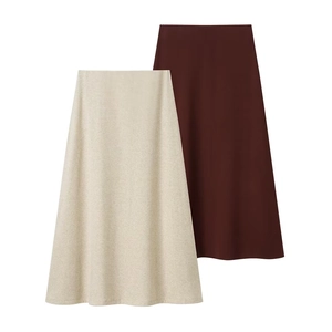 Flat lay of knit A-line skirts in beige and dark brown with soft ribbed texture