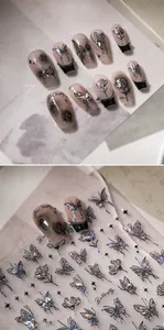 Macro detail of laser butterfly and rose nail stickers with press-on nail art designs