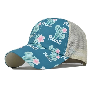 White baseball cap for high ponytail with dark teal front and cactus floral print