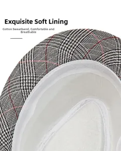 Detailed view of plaid fedora hat interior with soft lining and cotton sweatband