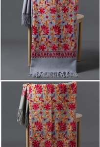 Vue détaillée du châle gris avec broderies florales rouges et finitions à franges