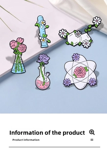 Set of five floral enamel pins featuring laboratory flasks and chemical structures