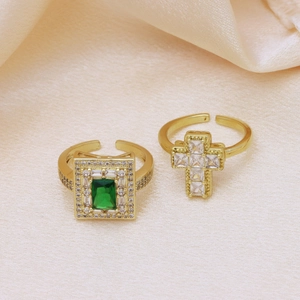 18k gold plated adjustable open rings with green stone and cross lucky tree design
